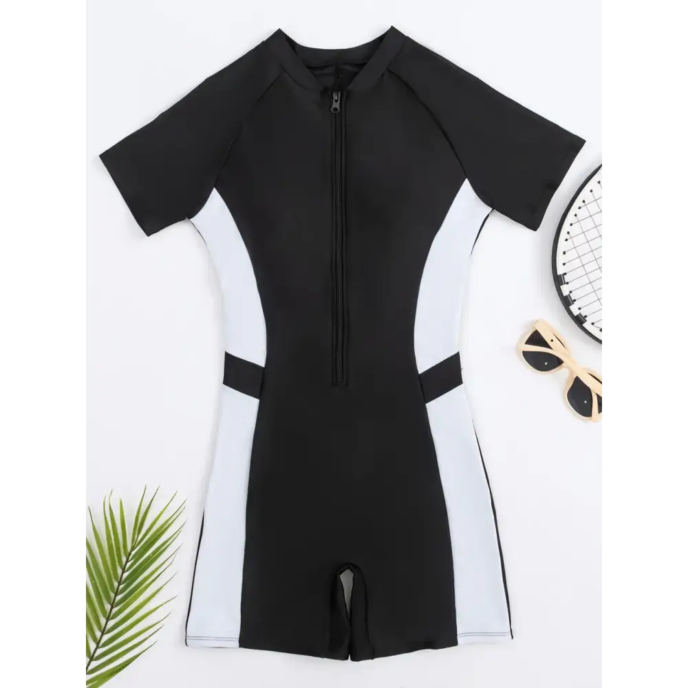 Maillot de Bain Une Pièce Femme Slim Manches Courtes Zipper Protection 2024