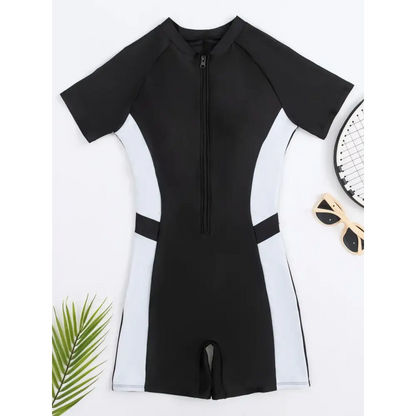 Maillot de Bain Une Pièce Femme Slim Manches Courtes Zipper Protection 2024