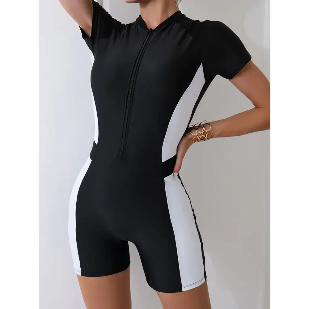 Maillot de Bain Une Pièce Femme Slim Manches Courtes Zipper Protection 2024