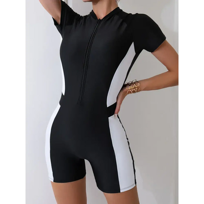 Maillot de Bain Une Pièce Femme Slim Manches Courtes Zipper Protection 2024